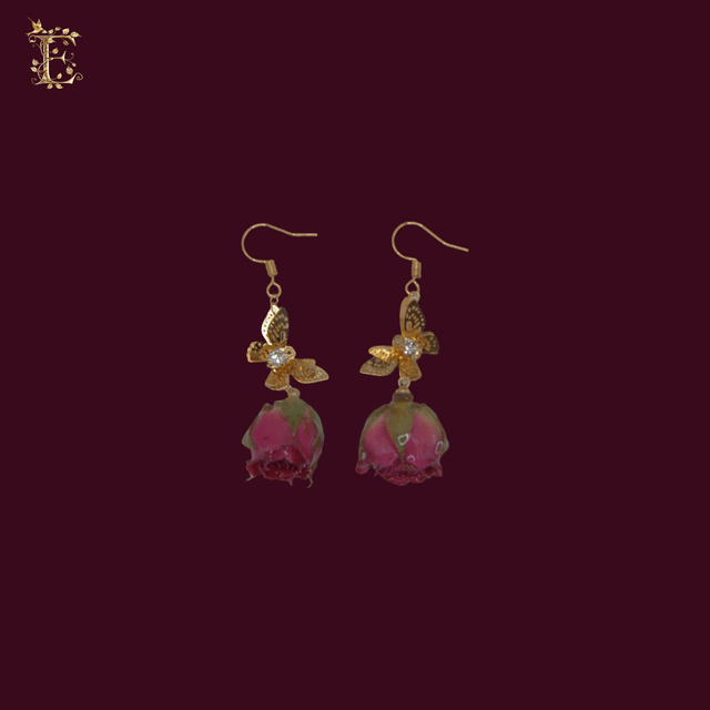 Rosebud Drop on Golden Butterfly Hoop Earrings