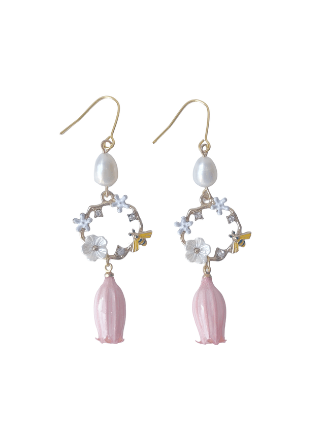 Lilian Lily of the Valley Flower and Bee Drop French Hook Earrings
