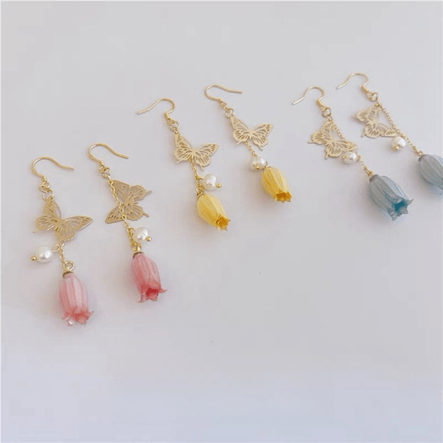 Lilian Lily of the Valley Flower Drop Hoop Earrings with Butterfly Accents