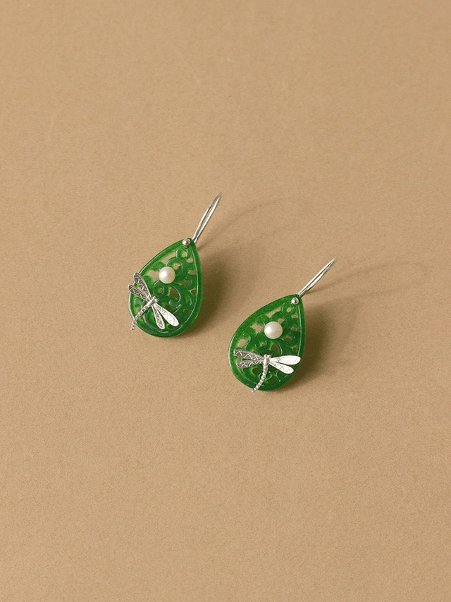 *Designer Silver Jewellery* Dancing on the Water, Dragonfly on Jade Silver Earrings