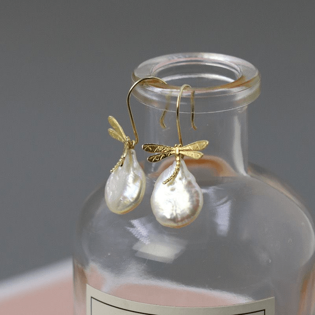 *Designer Silver Jewellery* Dragonfly and Baroque Peal Silver Earrings