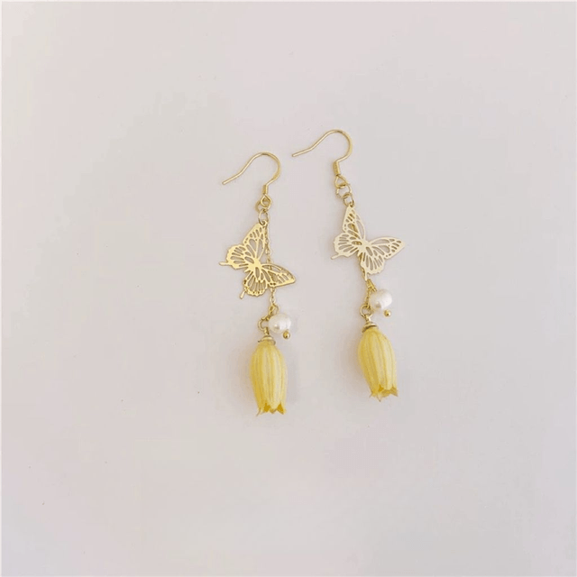 Lilian Lily of the Valley Flower Drop Hoop Earrings with Butterfly Accents