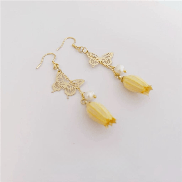 Lilian Lily of the Valley Flower Drop Hoop Earrings with Butterfly Accents