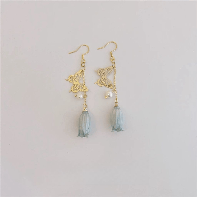 Lilian Lily of the Valley Flower Drop Hoop Earrings with Butterfly Accents