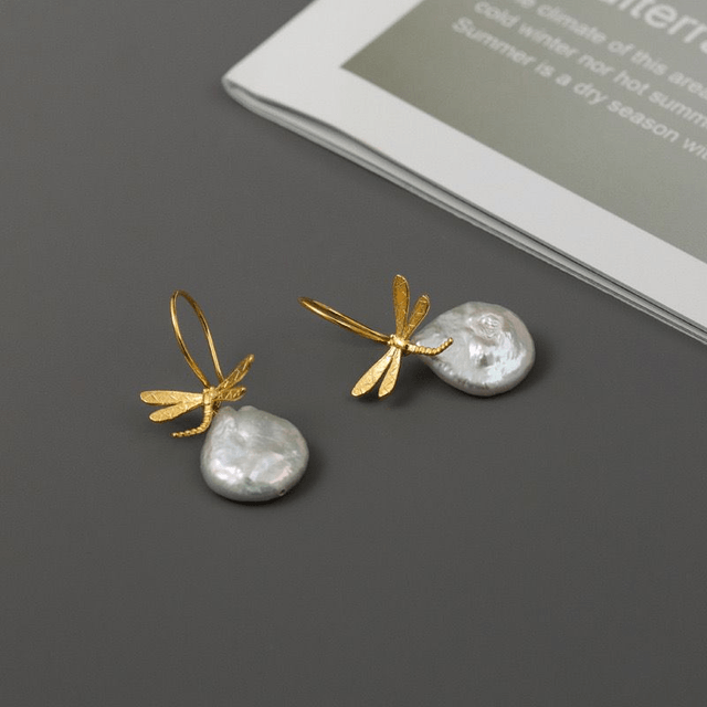 *Designer Silver Jewellery* Dragonfly and Baroque Peal Silver Earrings