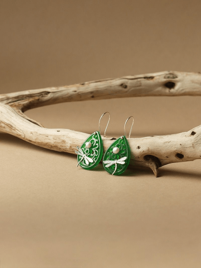 *Designer Silver Jewellery* Dancing on the Water, Dragonfly on Jade Silver Earrings