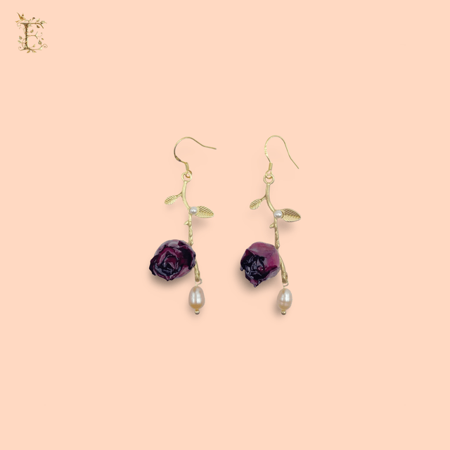 Small Rosebud and Freshwater Peal Drop Hoop Earrings