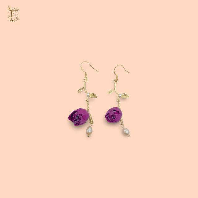 Small Rosebud and Freshwater Peal Drop Hoop Earrings