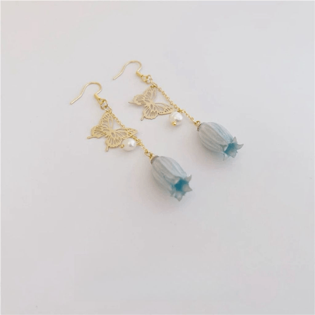 Lilian Lily of the Valley Flower Drop Hoop Earrings with Butterfly Accents