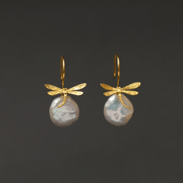 *Designer Silver Jewellery* Dragonfly and Baroque Peal Silver Earrings