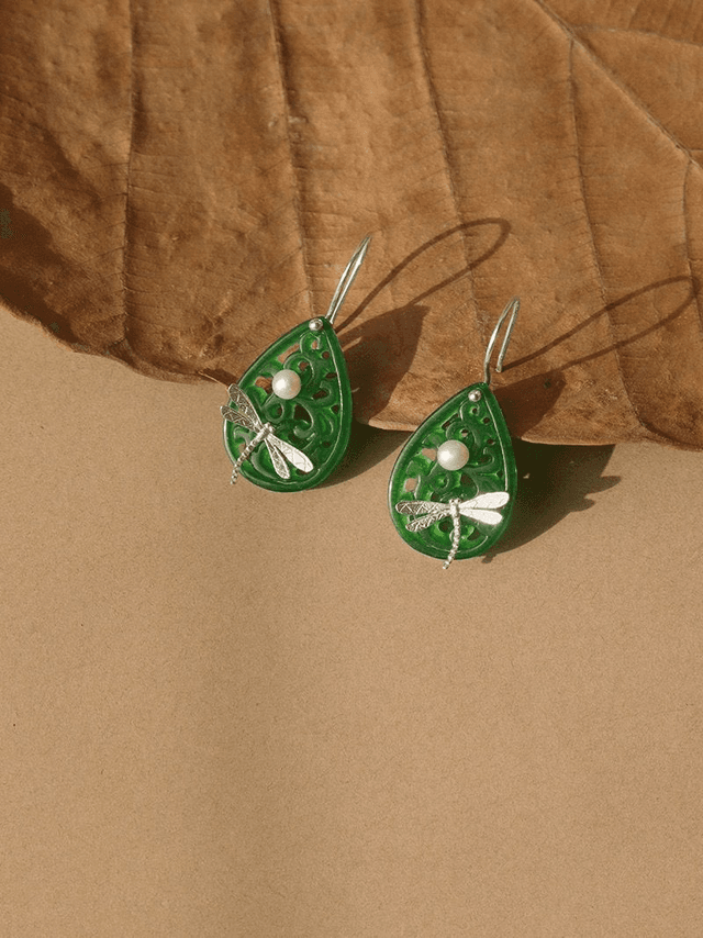 *Designer Silver Jewellery* Dancing on the Water, Dragonfly on Jade Silver Earrings