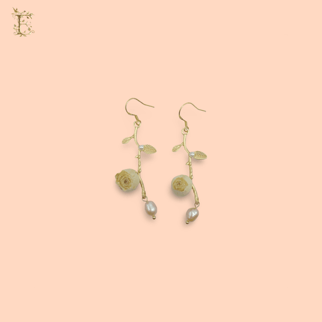 Small Rosebud and Freshwater Peal Drop Hoop Earrings