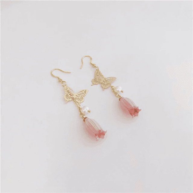Lilian Lily of the Valley Flower Drop Hoop Earrings with Butterfly Accents